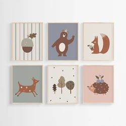 Woodland Animals Nursery Wall Art Canvas Painting Acorn Bear Squirrel Deer Forest Poster and Print Wall Pictures Kids Room Decor