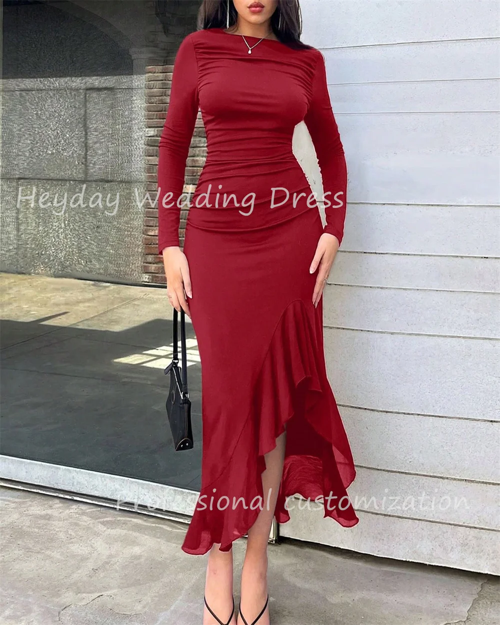 Heyday robes de soirée vestido com divisão sexy personalizado moda o pescoço em linha reta mangas compridas vestidos de noite ocasiões especiais