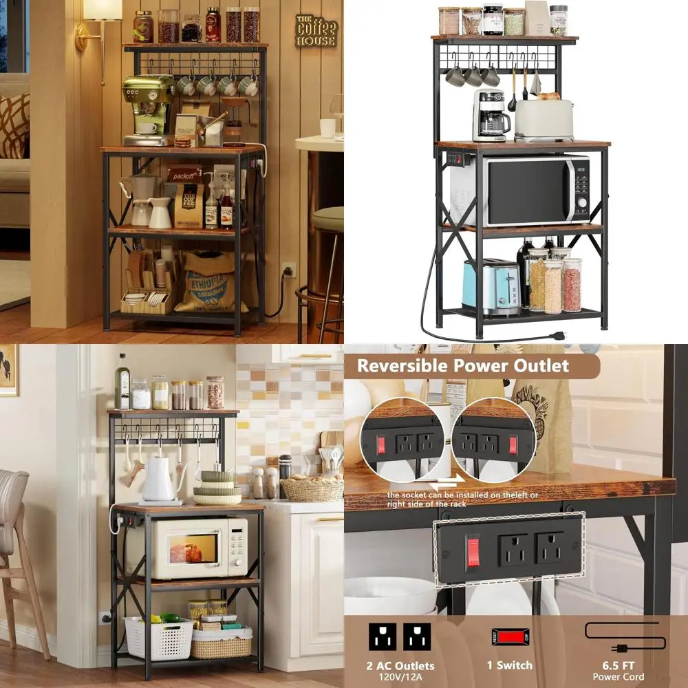 

4-Tier Kitchen Baker's Rack with Power Outlet, Microwave Stand, Storage, Coffee Bar Table, Spice Rack, Rustic Brown