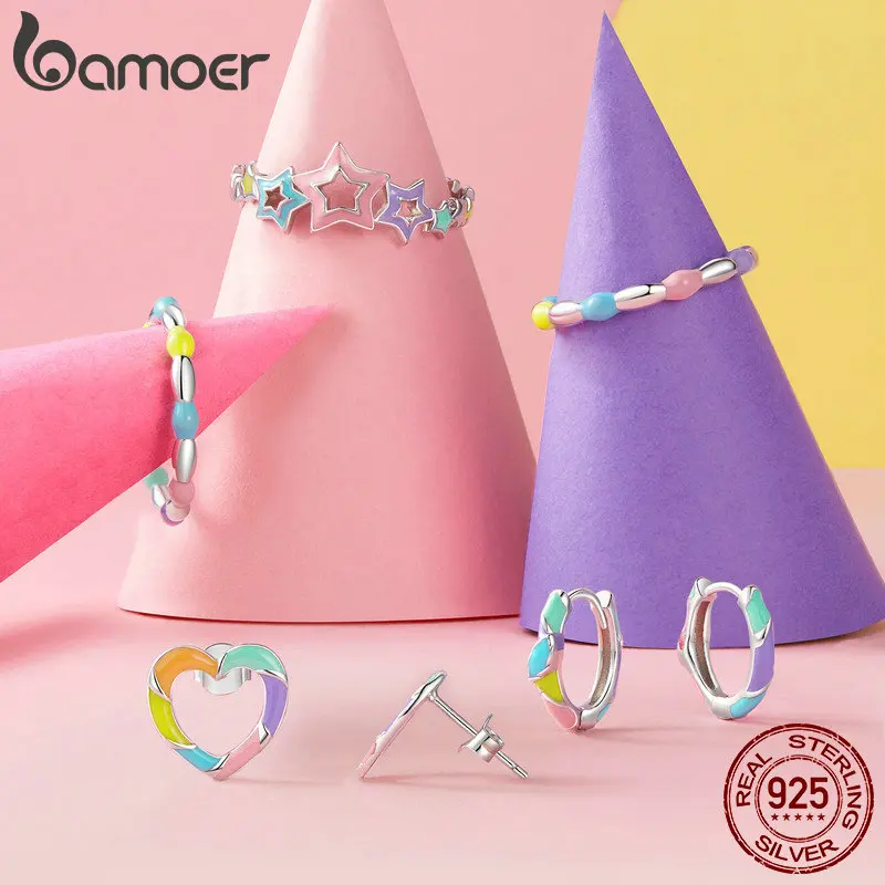 BAMOER White Gold Plated Rainbow Heart Hoop Earrings, 925 Sterling Silver Cute Dainty Candy Jewelry for Women Girls