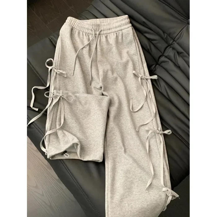 Trendy American Y2K Bow Knot High Waist Pink Sports Pants Spring and Summer Women Casual Slim Lazy Lancet Grey Wide-leg Pants