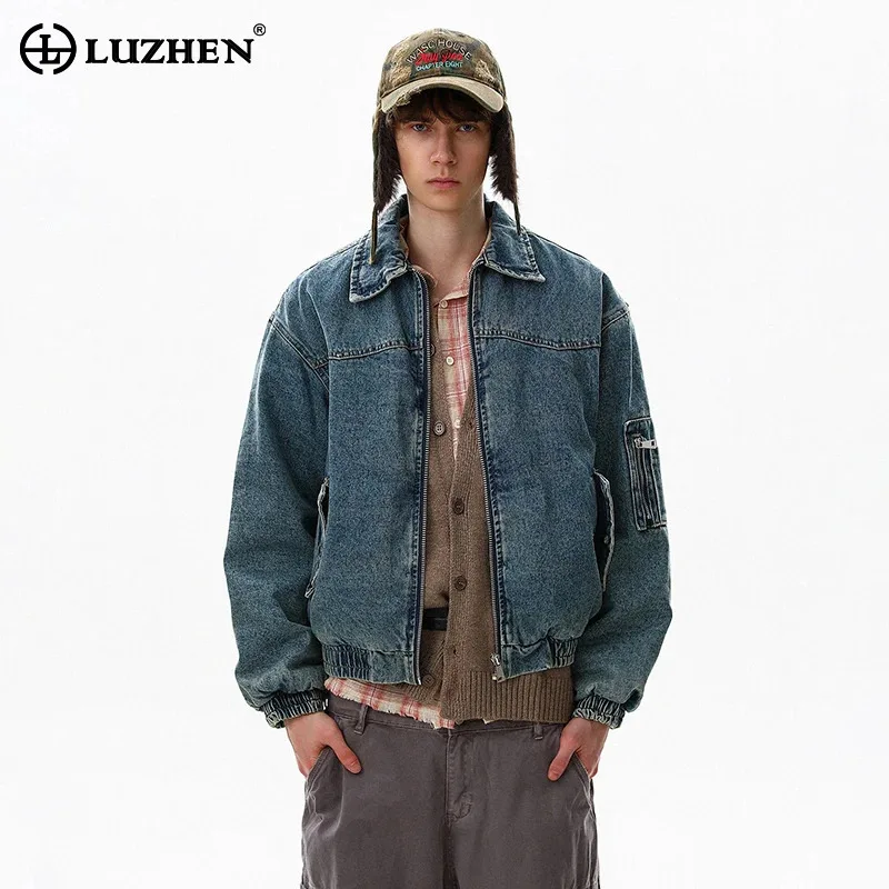 

LUZHEN 2025 New Fashion High Quality Thickened Lapel Vintage Padded Denim Jacket Men's Handsome Solid Color Casual Parka JY5648