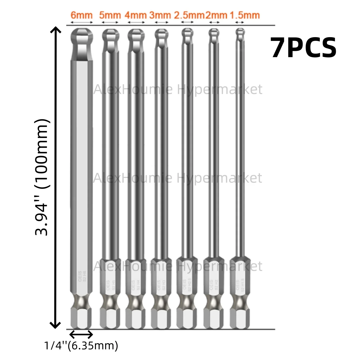 7PCS Ball End Hex Screwdriver Bit Set Hex Head Allen Wrench Drill Bit Set Magnetic 1/4 Inch Hexagonal Shank 100mm Long