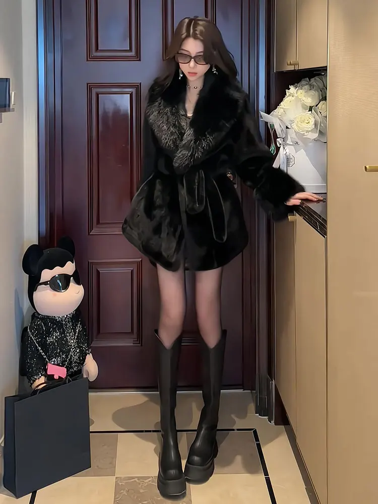Black Furry Coat Women's Winter New Style High Fashion Sensation Warm Middle-Length Fluffy Outerwear Elegant Lady Commute