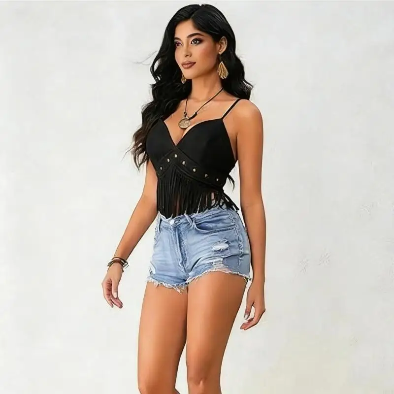 Women's Hippie Crop Top Fringe Tassels Accent Faux Suedes Fabric Camisole for Music Festivals and Parties