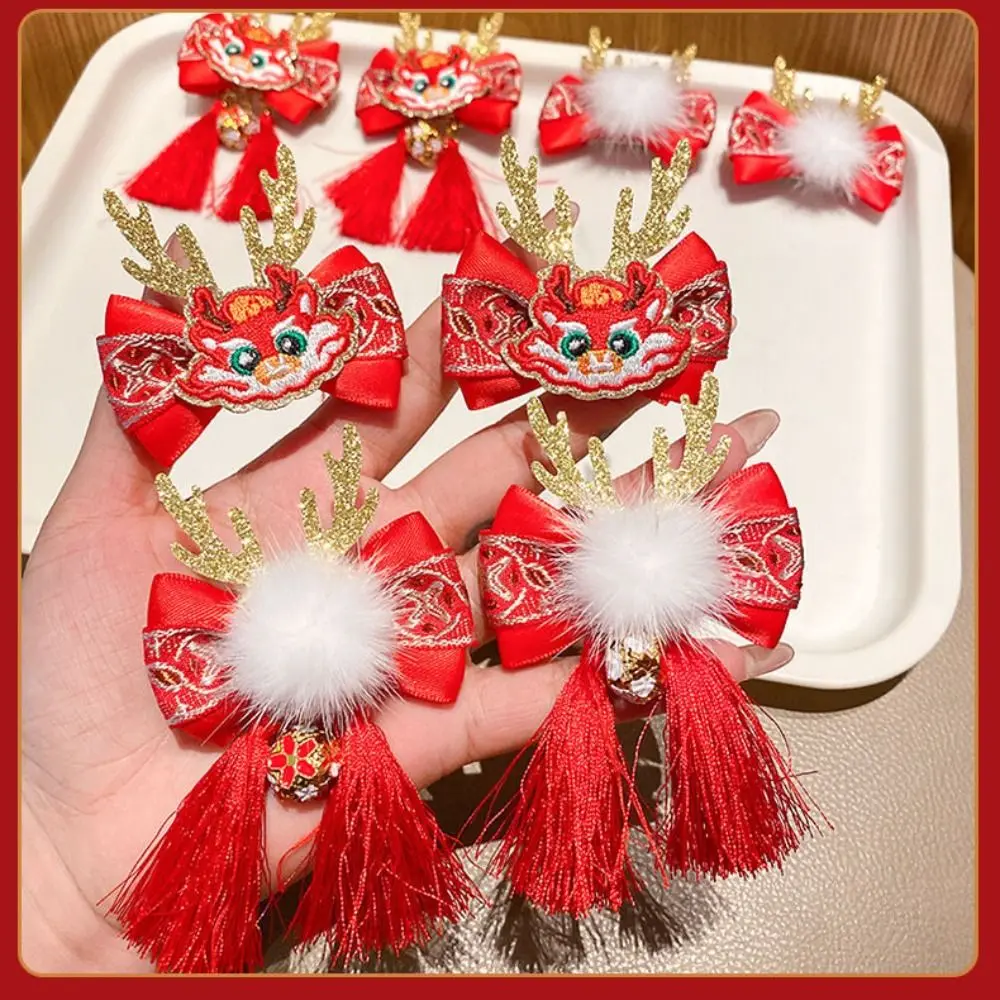 Tassel Children Red Hairpin Plush Mascot Dragon Horn Hanfu Hair Sticks Girl Hair Accessories Cloth Chinese New Year Headwear