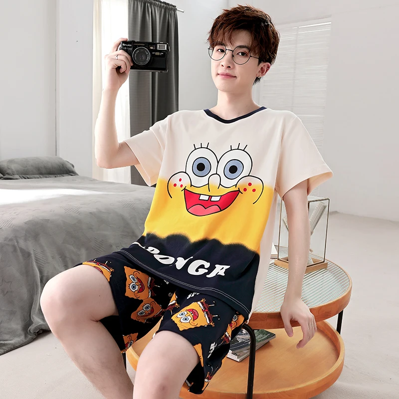 2 Pieces Sets  Men's Summer Cotton Pajamas Boys Short Sleeping Cartoon Sleepwear Male Casual Nightwear Pijama pyjama night cloth