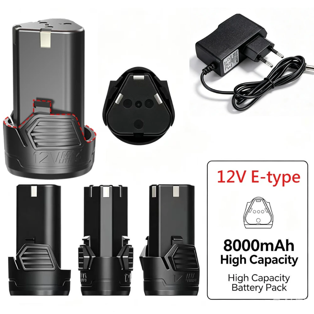100% Original 12V E-Type 8000mAh Large Capacity Rechargeable Lithium-Ion Battery for Electric Drill Angle Grinder Power Tools
