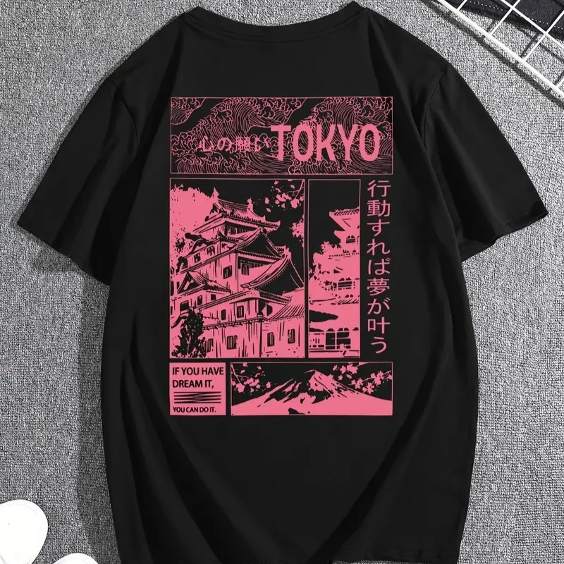Summer Harajuku Letter Graphic T Shirts Y2k Tokyo Skyline Japanese Architecture Print Women Men Streetwear Vintage Tee Clothing