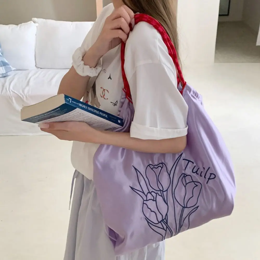 

Casual Commute Silk Satin Shoulder Bag Drawstring Handbag Tulip Embroidery Bag Shopping Bag Large Capacity Gentle Tote Bag Girls