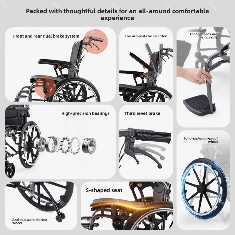Wheelchair for Elderly, Foldable, Lightweight, Small, Portable for Paralyzed and Disabled, Hospital-Style Handcart