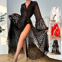Sexy Transparent Mesh Robe Kimono Bathrobe Gown Nightgown Casual Women Nightwear Sleepwear
