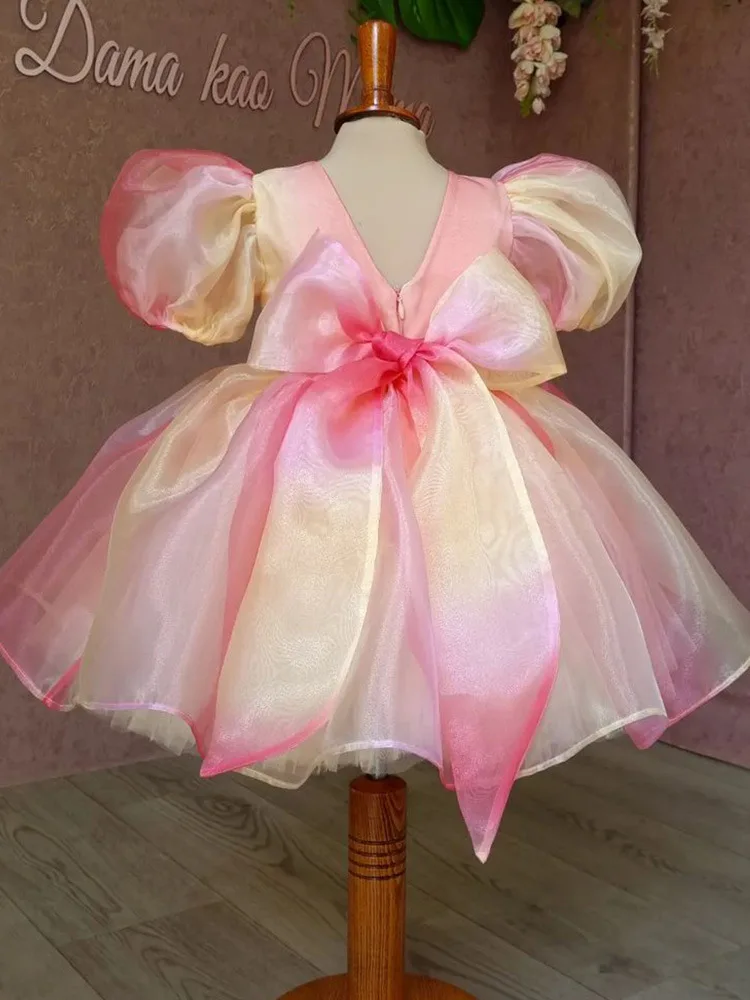 Girls' Dress 2023 New Fashionable Bow Gradual Fluffy Dress Baby Birthday Bubble Sleeve Butterfly Princess Dress Sweet Dress