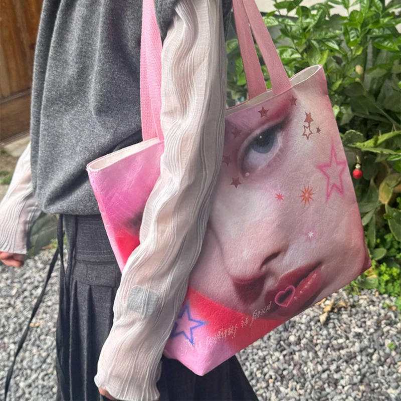 

Y2K Portrait Print Tote Bag Lightweight Large Capacity Shoulder Bag Fashion Leisure Shopping Commuter Handbag