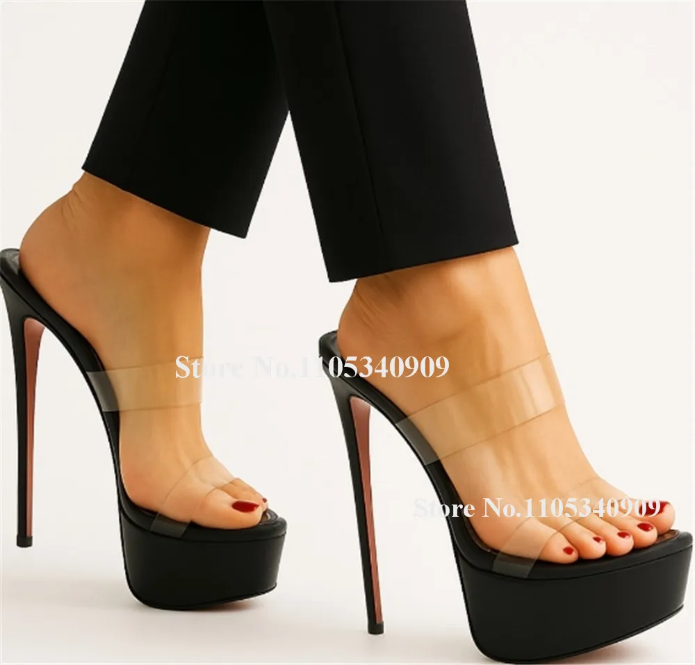 Bondarenko Clear PVC Straps Patchwotk Stiletto Heel Slipper Sandals Open Toe Red Black High Platform Thin Heel Party Dance Shoes