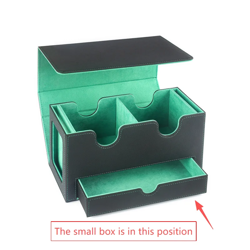 Game Card Deck Box with two display window and dice box,Holds 200+ Double Sleeved Cards,PU Leather Card Box Fits for TCG Card