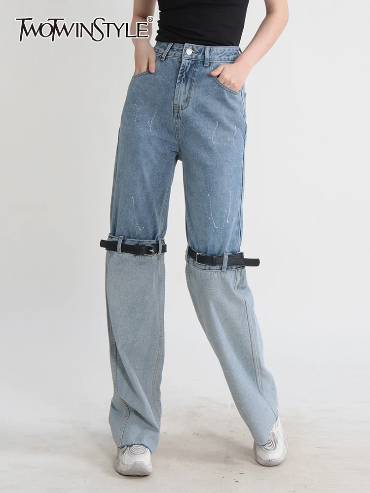 

TWOTWINSTYLE Colorblock Streetwear Patchwork Belt Jeans For Women High Waist Spliced Pocket Designer Denim Pants Female Style