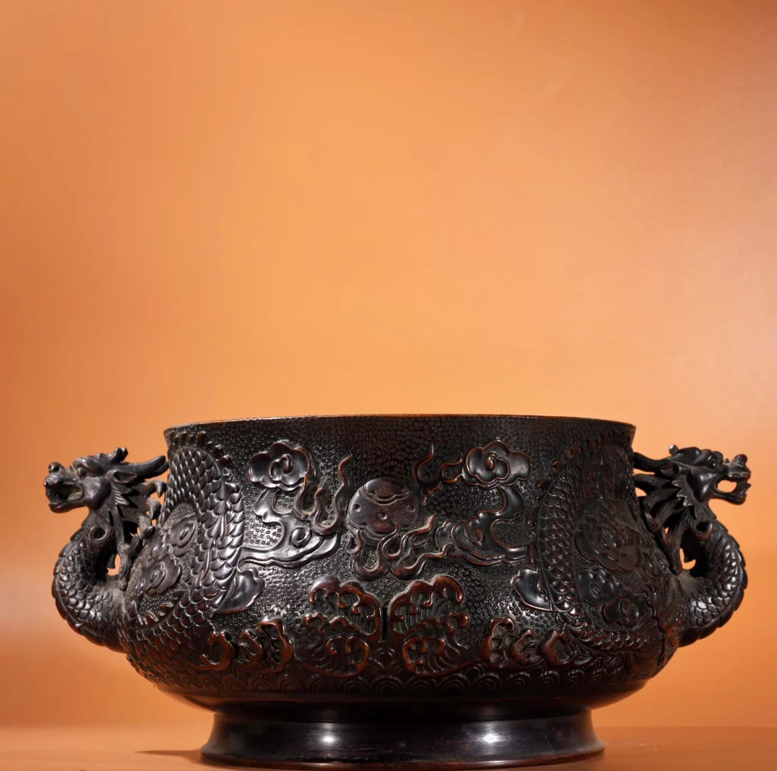 Old Purple Bronze  High relief sculpture dragon pattern Dragon Head Ear Circular Incense Burner Amass wealth Ornaments