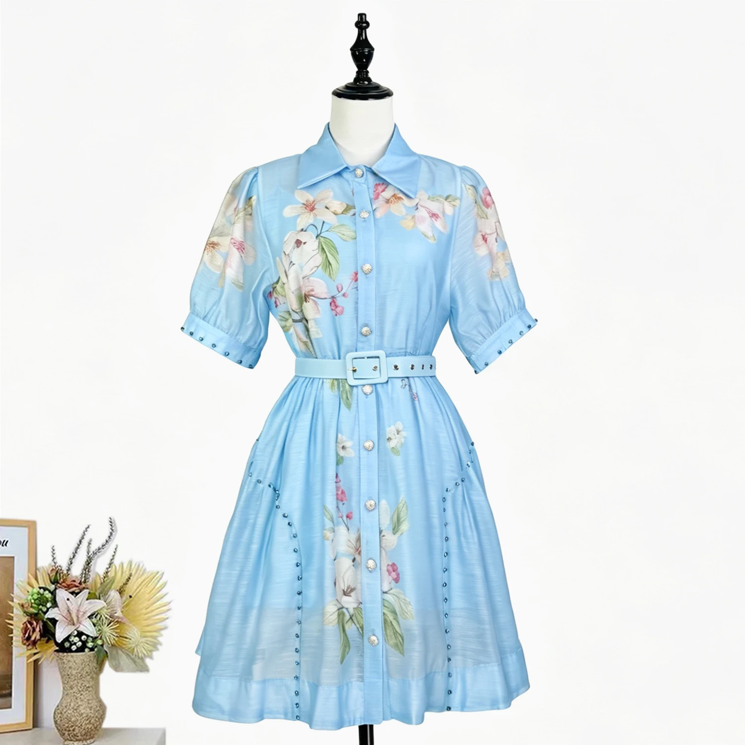 

Beaded Floral Print Shirt Dress Women Lapel Puff Short Sleeve Belt High Waist A Line Casual Party Short Dress Summer Holiday