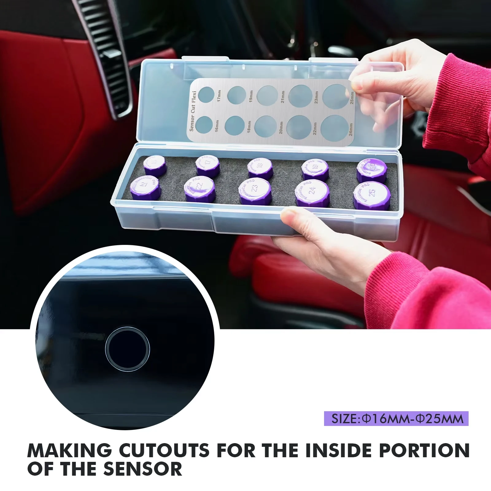 

EHDIS Car Radar Sensor Cutting Tool 16~25mm Plastic Diameter Round Radar Hole Safe Cut Out Template Set