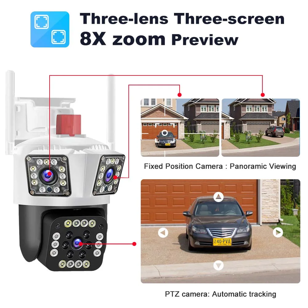 WiFi IP Camera 12MP 6K Three Lens 8X Zoom Surveillance Camera AI Tracking Security Protection Outdoor Security Camera CCTV Cam