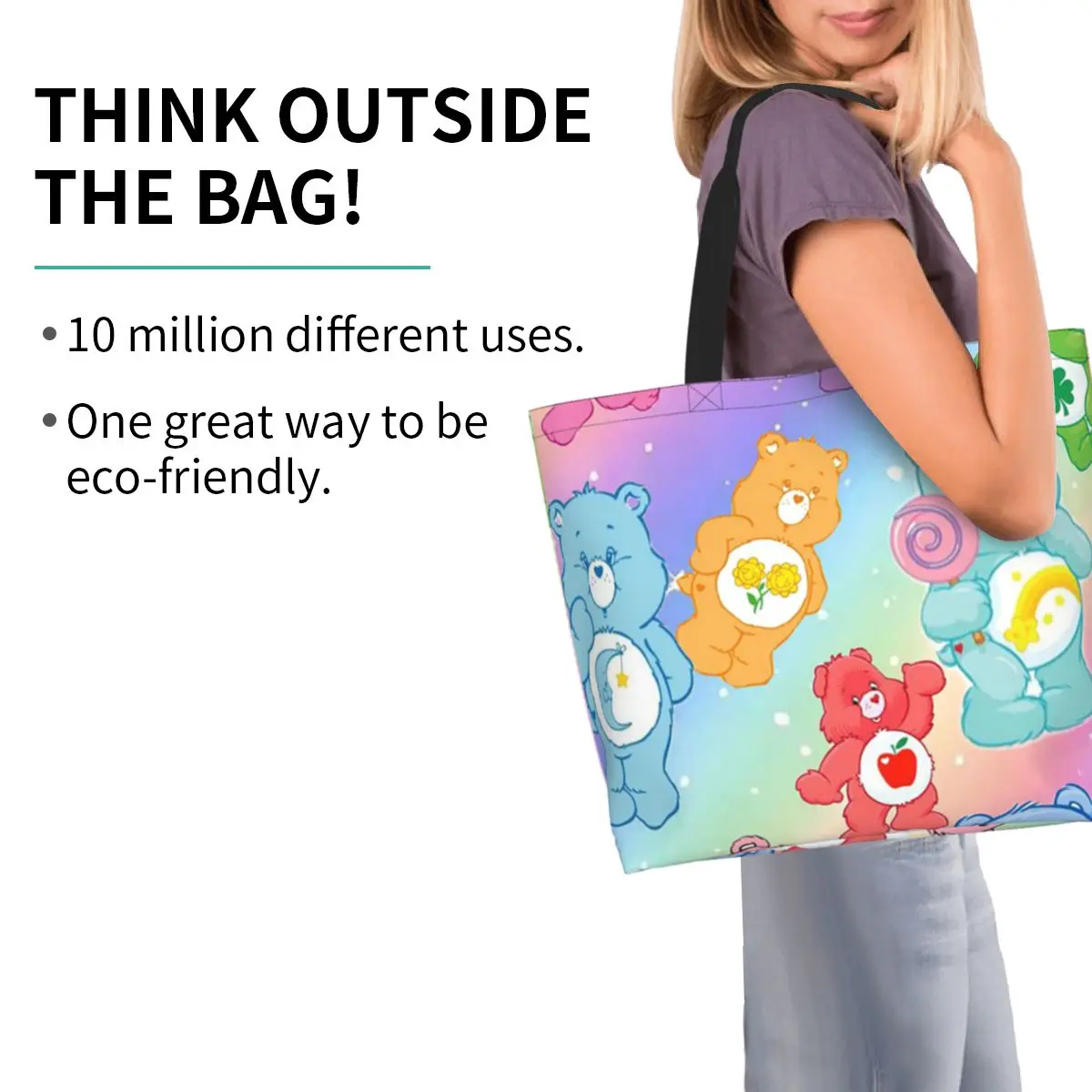 Care Bears Rainbow Bears Group Line Up Cartoon Shopping Tote Bag حقائب كتف من القماش للمتسوقين حقيبة يد للنساء