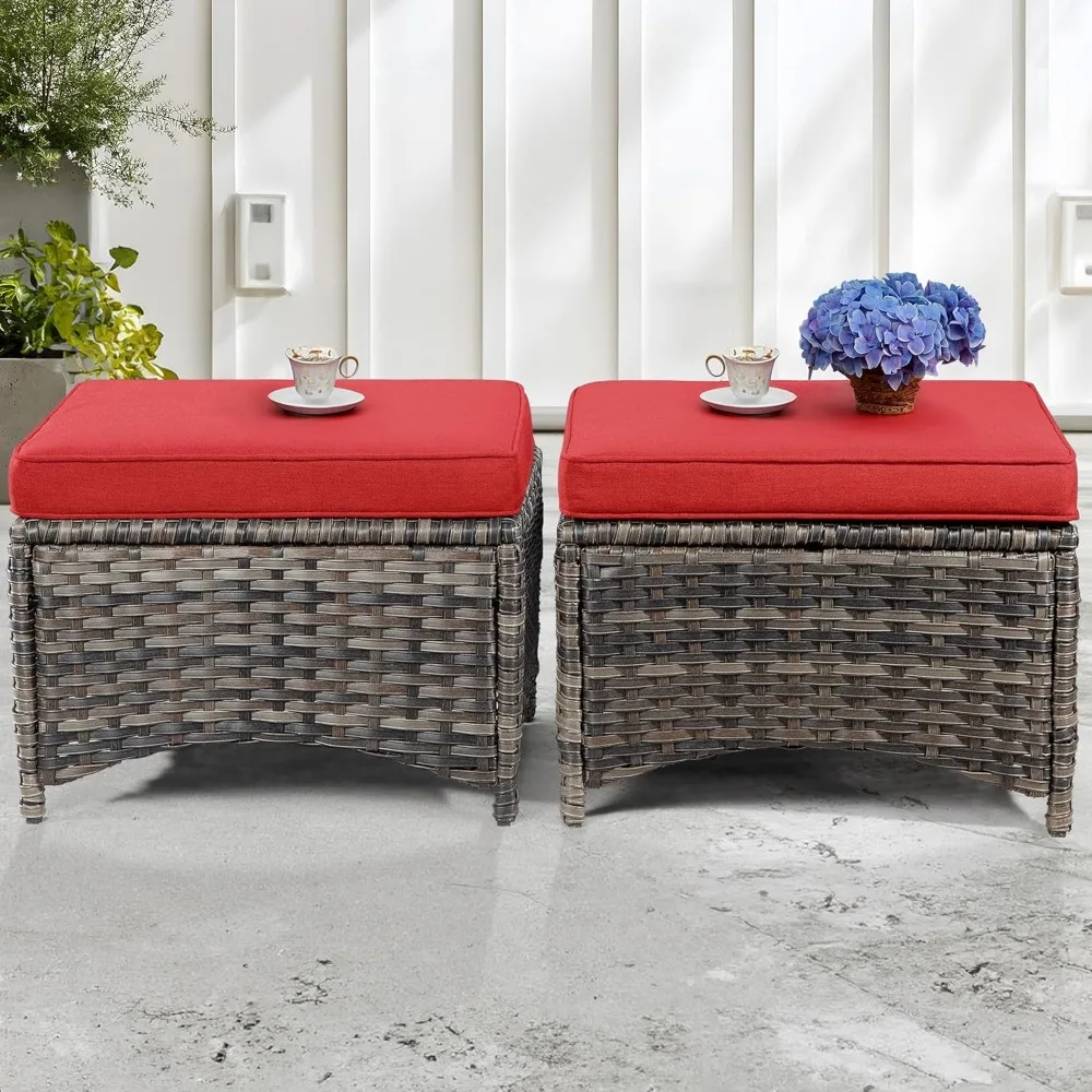

Patio Ottomans Set of 2 PE Wicker Steel Frame Outdoor Footstool with Removable Olefin Cushions for Patio, Backyard and Deck, Red