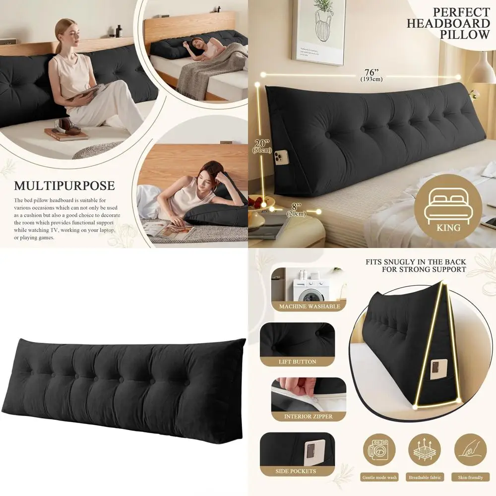 

King Size Triangular Wedge Pillow for Reading and Resting, Back Support with Removable Cover (Black)