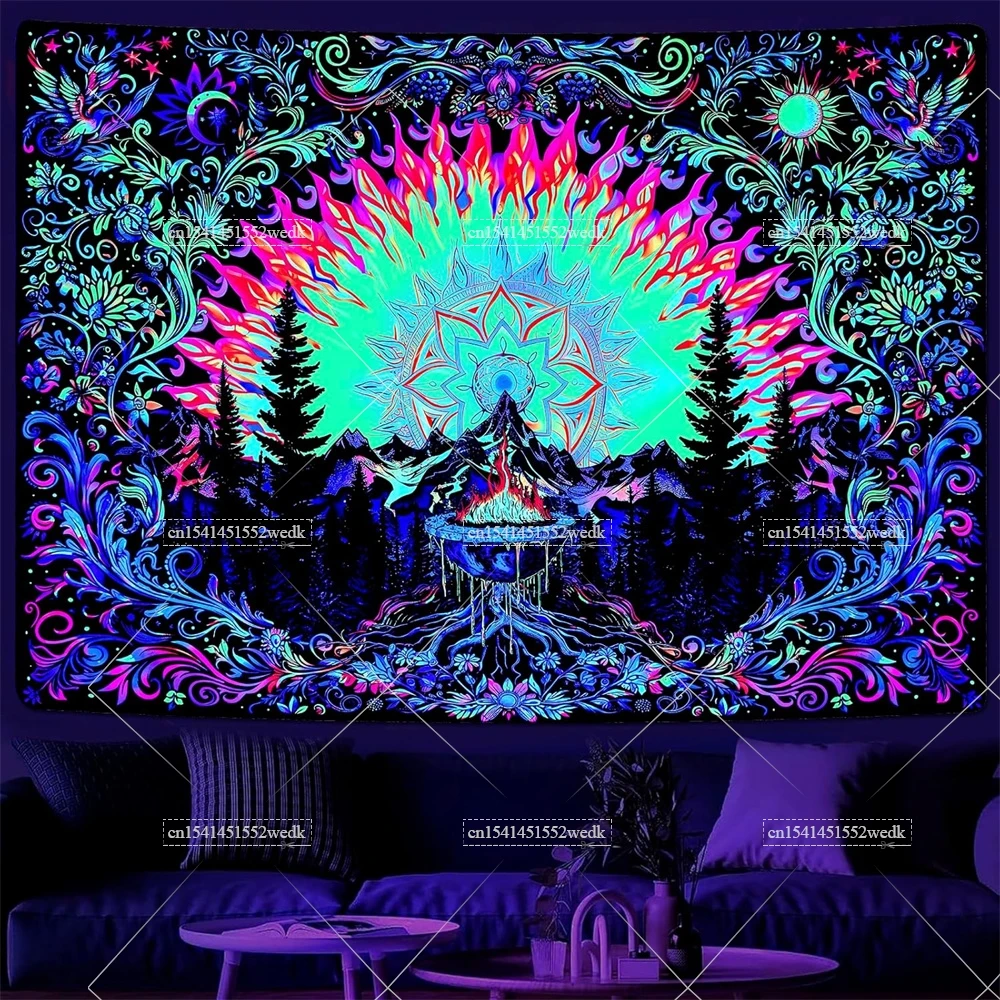 Blacklight Sun Tapestry UV Reactive Mandala Tapestries Neon Mountain Forest Tapestry Wall Hanging Aesthetic Black Light Tapestry