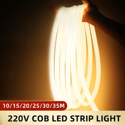 Super Bright COB LED Strip Light 10M-35M 220V with EU Power Supply Switch 288 LEDs/m Waterproof Garland for Outdoor Garden Decor