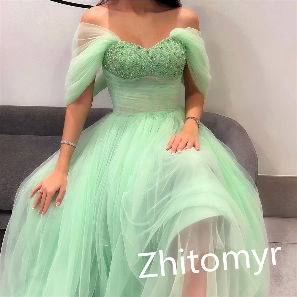 Customized    Classic Modern Style Formal Evening Off The Shoulder A-line Beading Tulle Bespoke Occasion Dresses