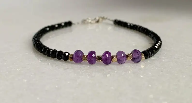 Amethyst and black spinel bracelet / Silver amethyst bracelet / Amethyst jewellery / Gift for her