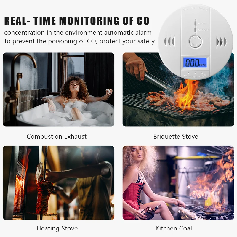 Carbon Monoxide Detector Alarm New Photoelectric Sensor 85dB Sound Warning LCD Digital Display Home Indoor CO Poisoning Siren