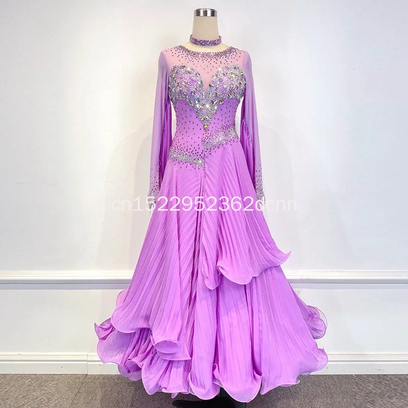 Tango Waltz Perform Attire Customize YINASHENGWU Adult Ballroom Dance AB Stones Long Sleeve Pleated Skirt Pendulum Dresses