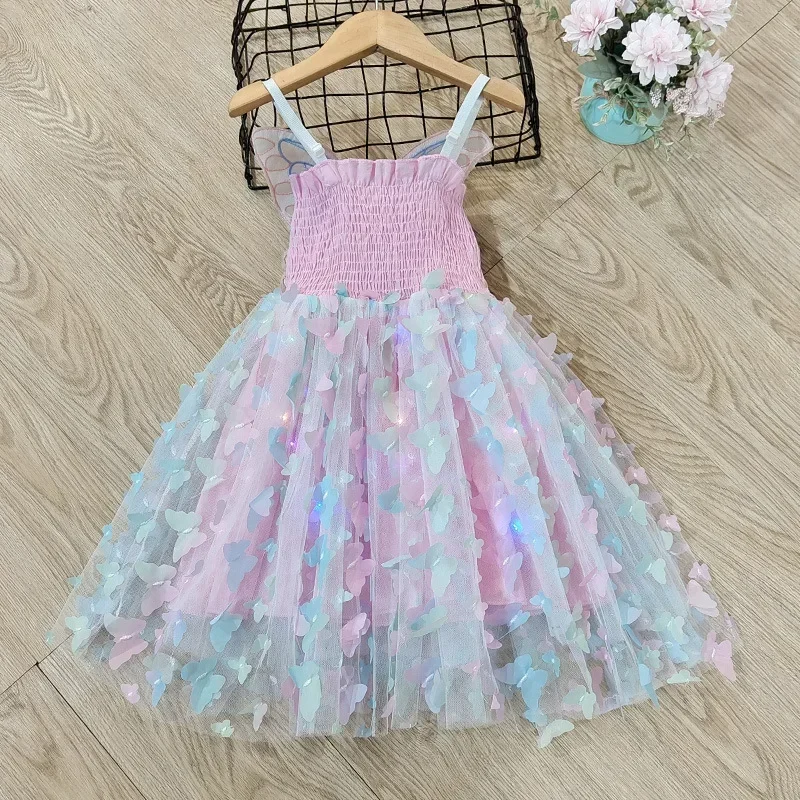 Fada gaze para bebês princesa Vestido, vestido de tule sem mangas, asas borboleta, crianças adoráveis, festa de aniversário, verão