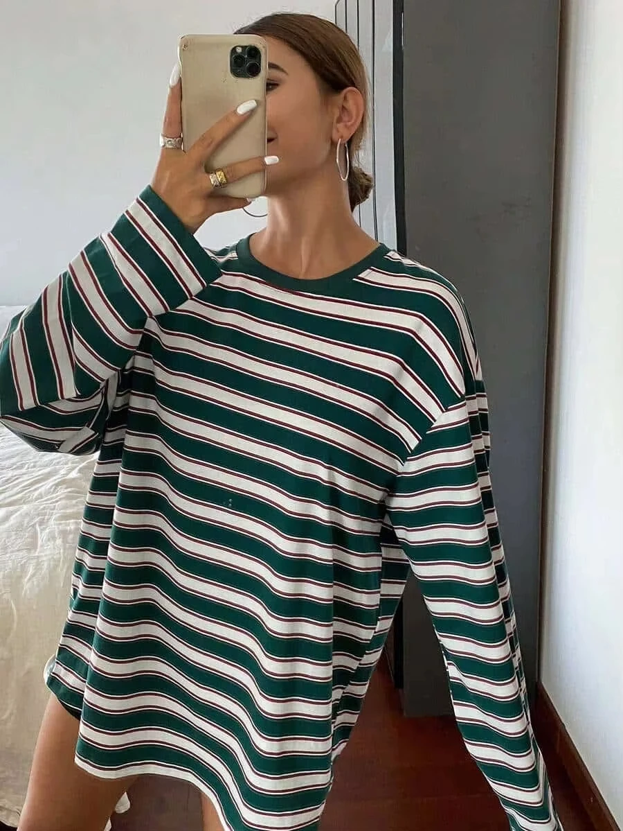 Spring and Autumn Women's Men's Casual Stripe Pattern Plus Size Retro American Style T-shirt Round Neck Long Sleeve T-Shirt
