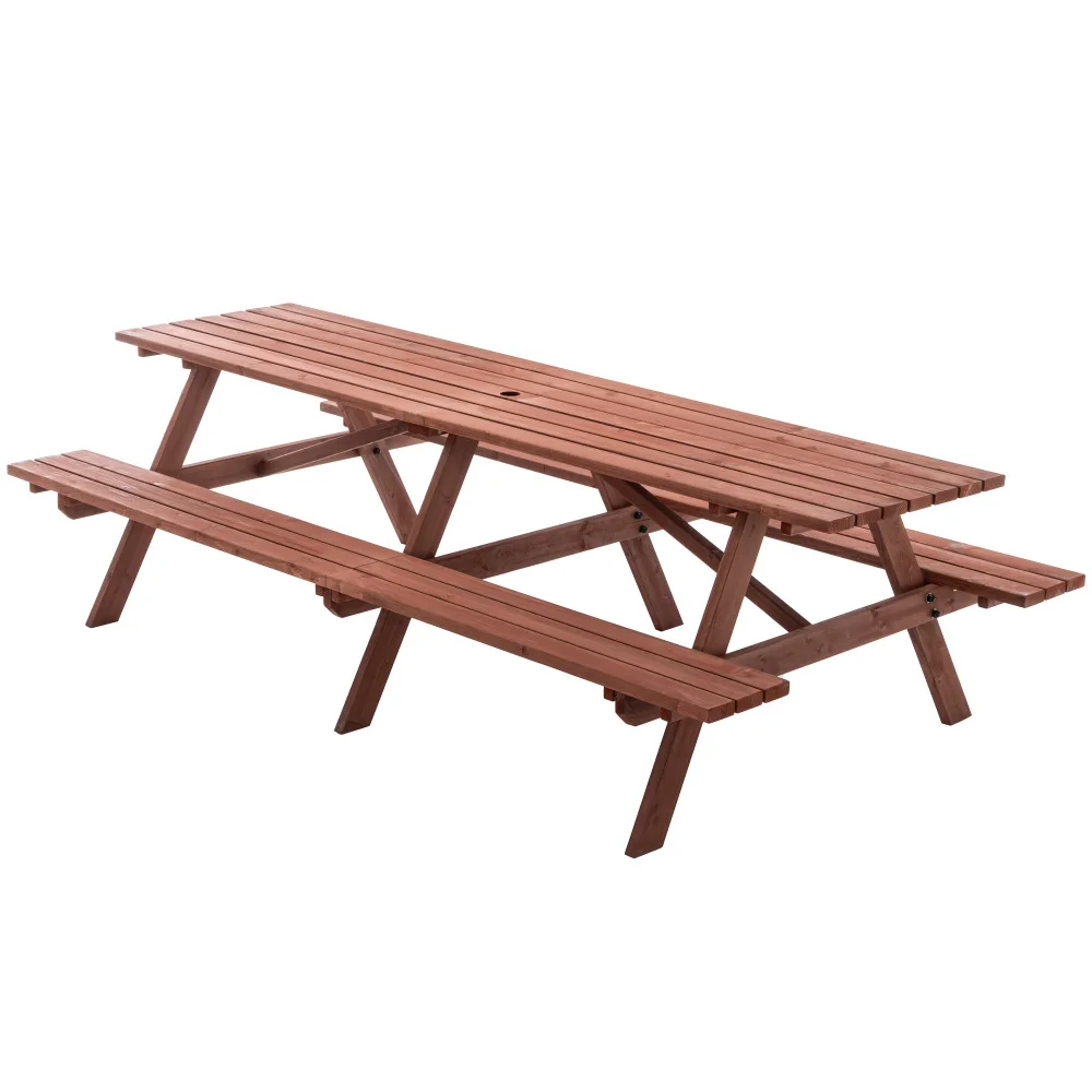 Conjunto de Mesa de Piquenique Extragrande de 95 Polegadas para Exterior: 12 Pessoas, Bancos, Furo para Guarda-chuva, Marrom Rústico