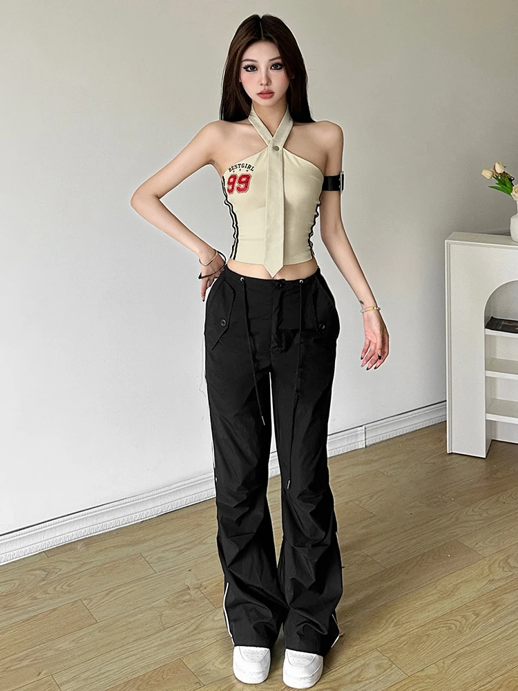 Doce legal menina listra carta impressão pendurado ne colete feminino picante versátil fino ajuste cinta weide puss ort sle verão 2024