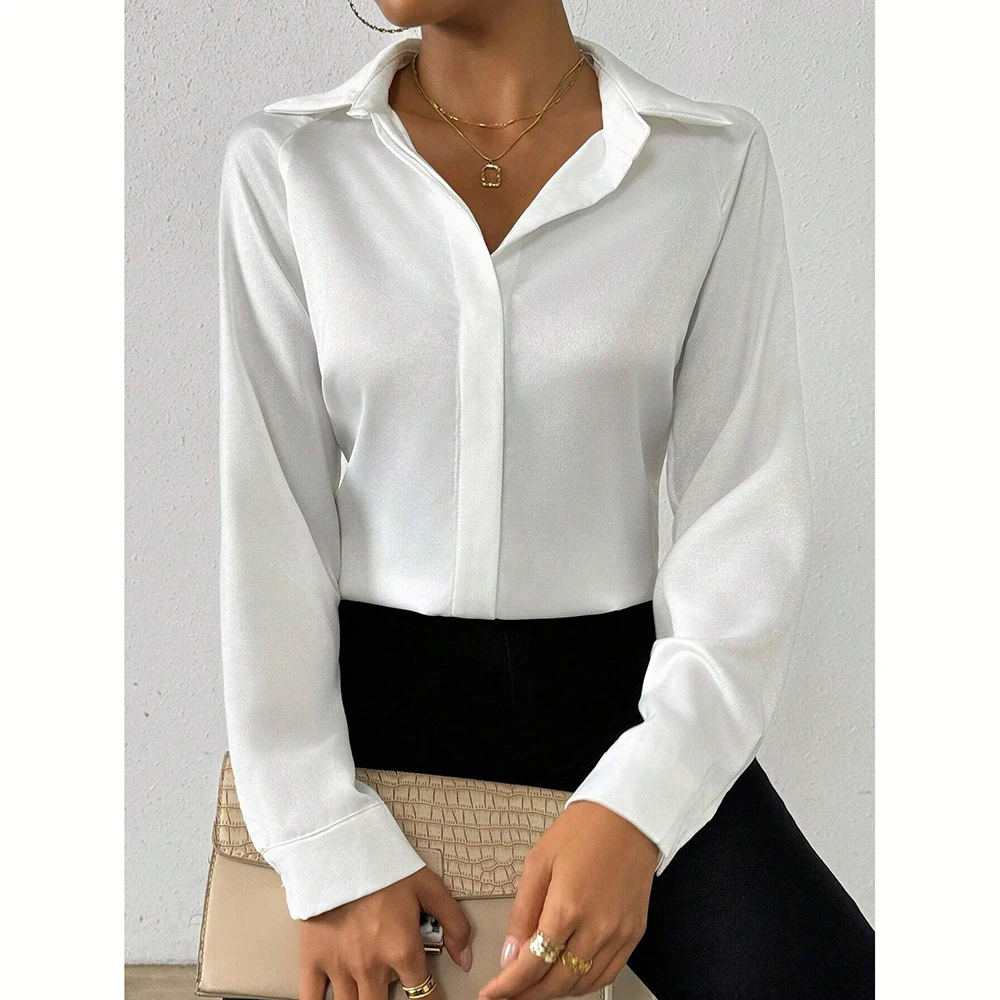 Mia Muse Camisas de mujer otoño elegante decente liso manga larga camisa cuello ropa de trabajo camisas