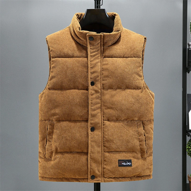 

2024 New Vest Jacket Men's Autumn Winter Warm Sleeveless Coat Stand Collar Padded Waistcoat Corduroy Work Wear Male Clothes 5XL