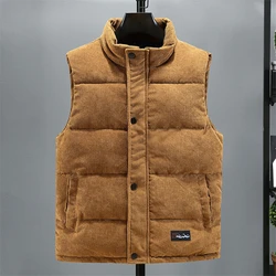 2024 New Vest Jacket Men's Autumn Winter Warm Sleeveless Coat Stand Collar Padded Waistcoat Corduroy Work Wear Male Clothes 5XL