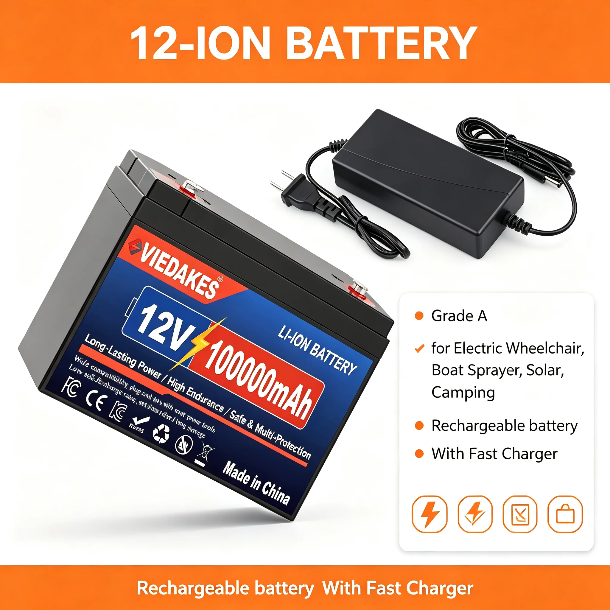 Viedakes 12V 100000mAh 18650 lithium battery pack, with 40A BMS, for spray children's toy cars, camping, Ships, Refrigerators