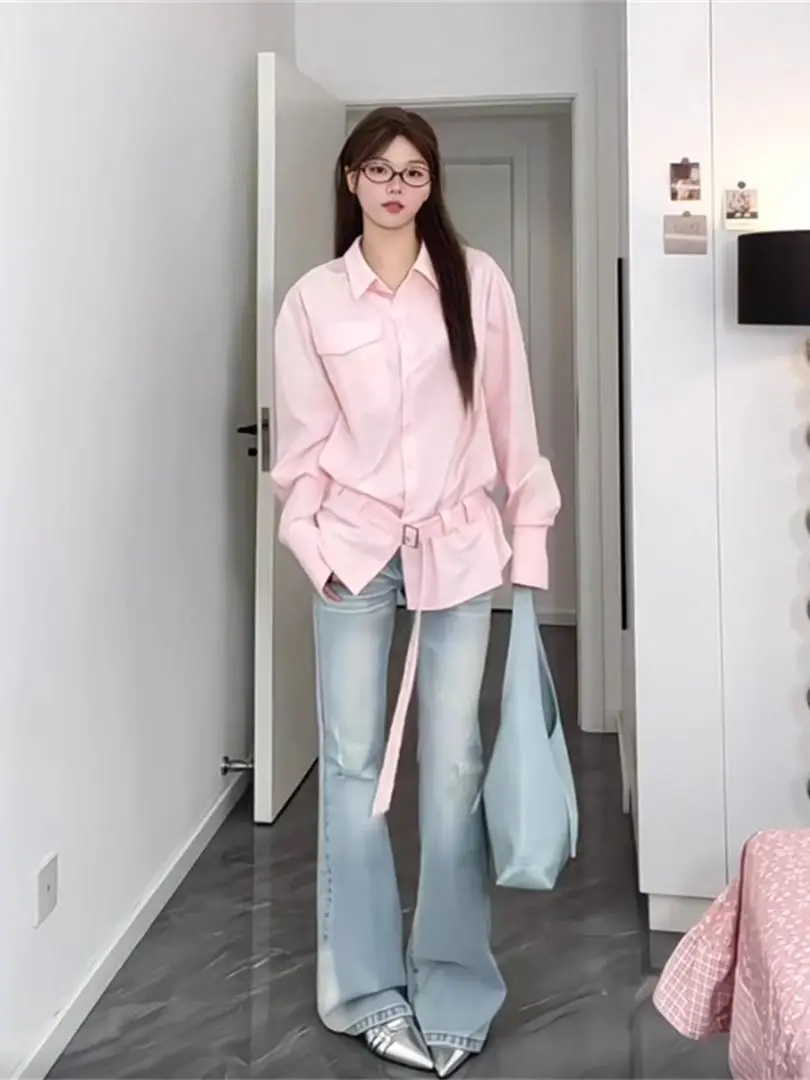

Gagarich Korean Sweet Pink Waist Cinched Polo Collar Shirt Jacket Women Spring Autumn Slim Fit College Style High-end Top Trend