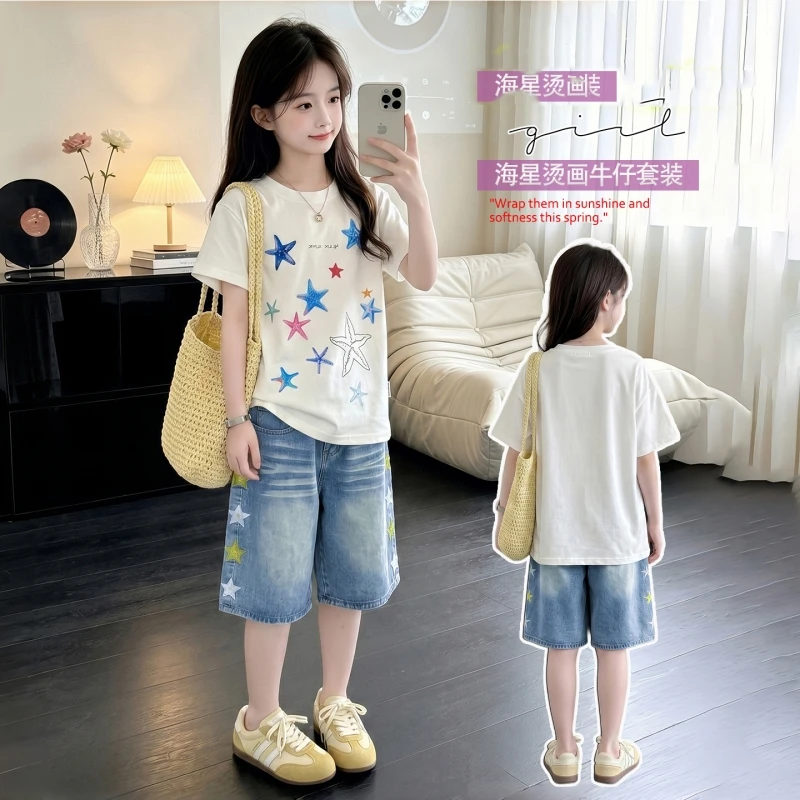 Girls Summer Star Print 2 Piece Outfit Set Short Sleeve Cotton T Shirt & Denim Bermuda Shorts Kids Matching Suit 6-14Y Casual Da