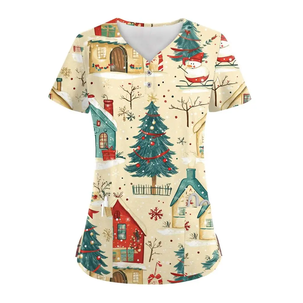 2025 Merry Christmas Work Uniform Short Sleeve V Neck Santa Claus Cartoon Pattern Top Christmas Fashion Casual