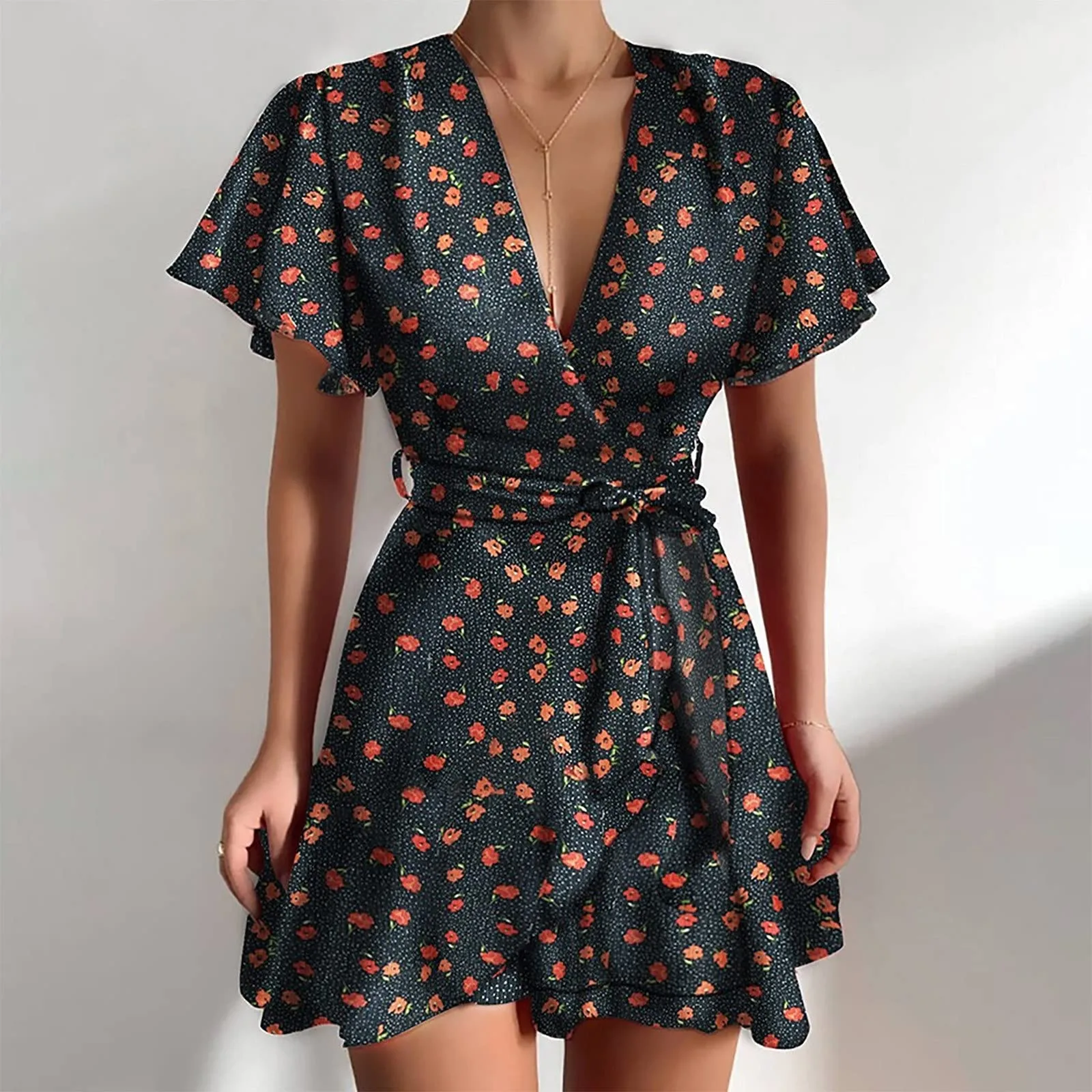 Women'S Summer New Dress Casual Floral Printing Sexy V Neck Short Ruffle Sleeve Lace Mini Dresses Elegant P Rty Vestidos 원피스