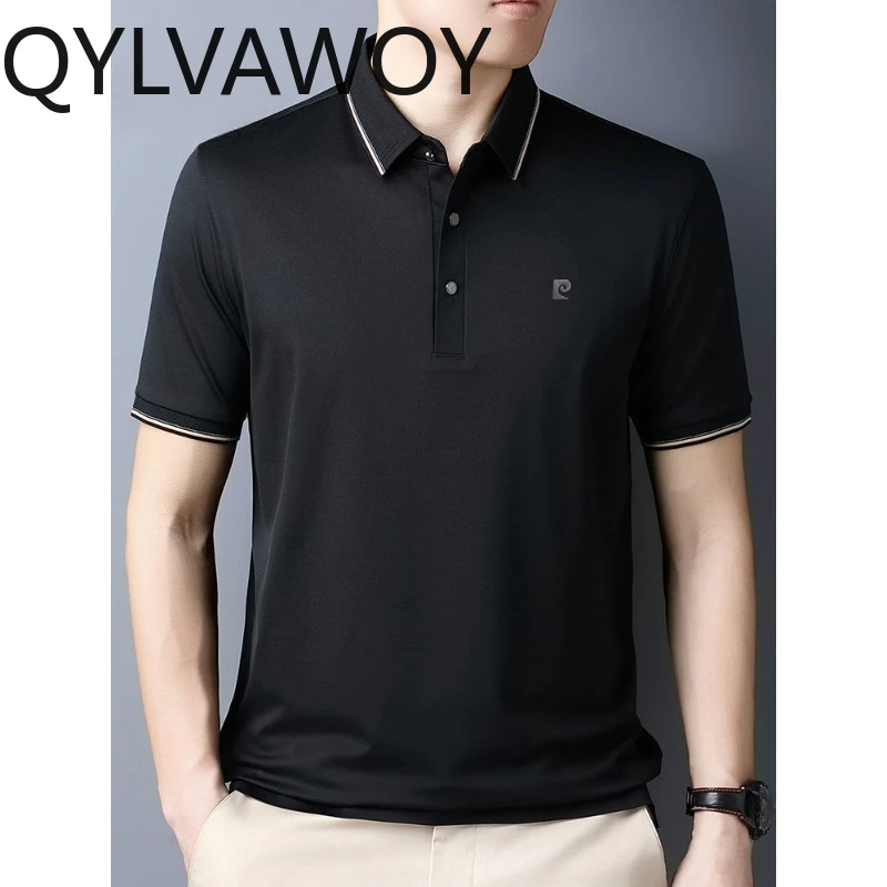 QYLVAWOY 100% Natural Mulberry Silk Men's Polo Shirts Short Sleeve T Shirts for Man Summer Lapel Tops Camisas Masculina Business