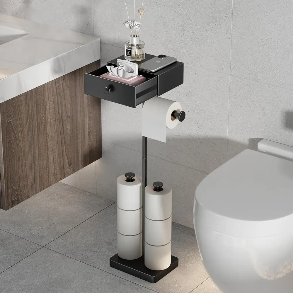 

Напольный держатель для туалетной бумаги VOLDRA с полкой, черный, с выдвижным ящиком для салфеток, усиленный