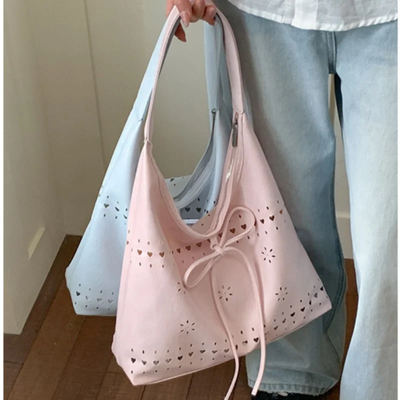 Fashion Bow Decor Shoulder Bag Women Hollow Out Casual Tote Large Capacity Soft Fabric Daily Shopping School Dating Handbag New