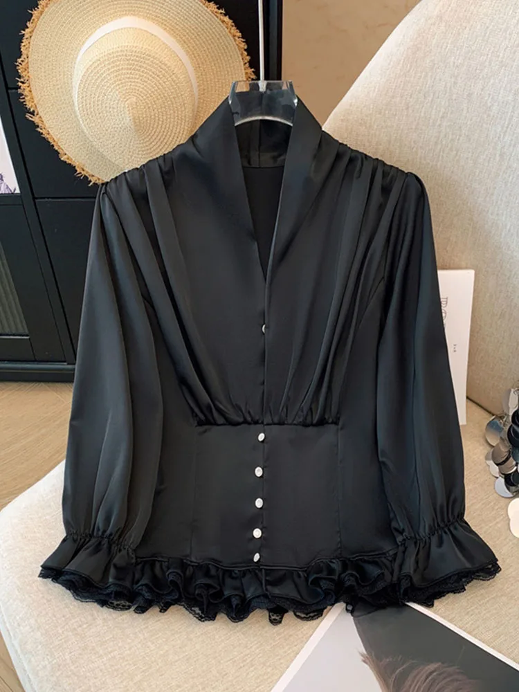 French Style Luxury V-Neck Shirts Women Elegant Single Breasted Sexy Lace Tops Autumn 2024 Fashion Long Sleeve Chiffon Blouses